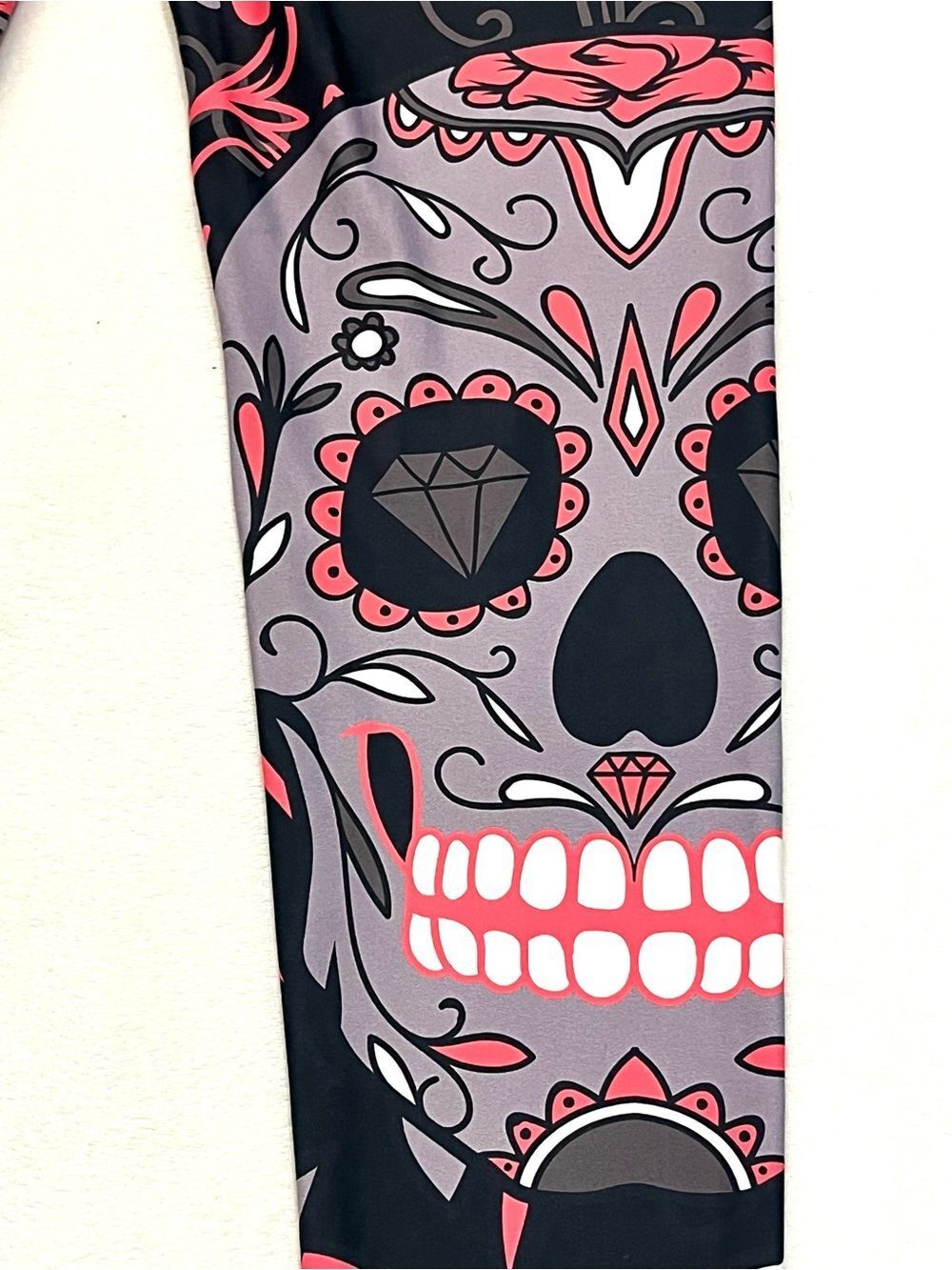 GearBunch Pink White Black Sugar Skull Day of the Dead Women’s Leggings Small - Picture 15 of 16